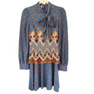 T2 70s‎ VTG Mindy Malone Floral Blouse & Skirt Set Blue Orange Small